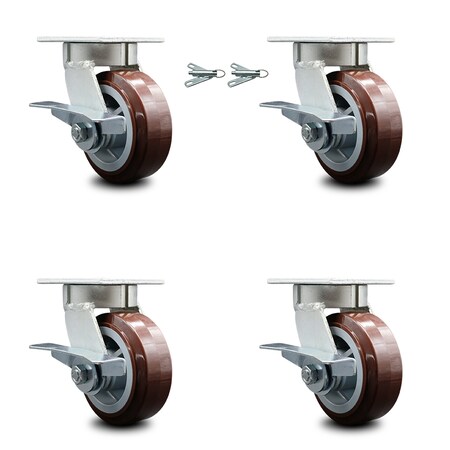 Service Caster 5 Inch Kingpinless Poly on Polyolefin Wheel Caster Brakes 2 Swivel Locks, 4PK SCC-KP30S520-PPUR-SLB-BSL-2-SLB-2